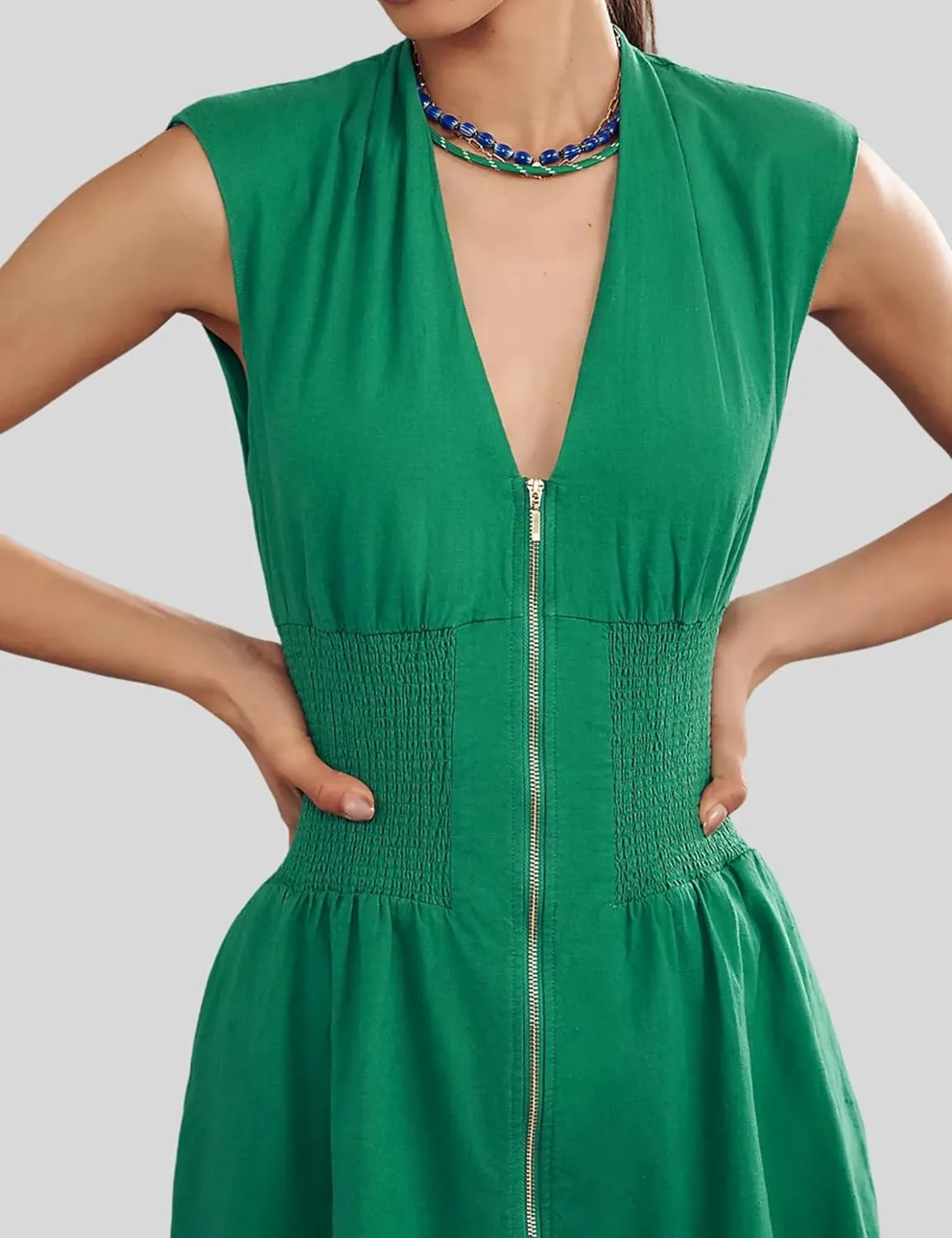 Womens V Neck Summer Dress Cap Sleeve Zipper Mini Dress Smocked Slit Dress with Pockets