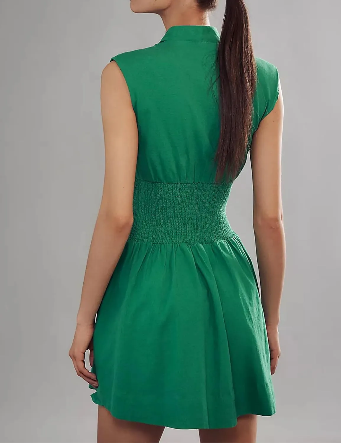 Womens V Neck Summer Dress Cap Sleeve Zipper Mini Dress Smocked Slit Dress with Pockets