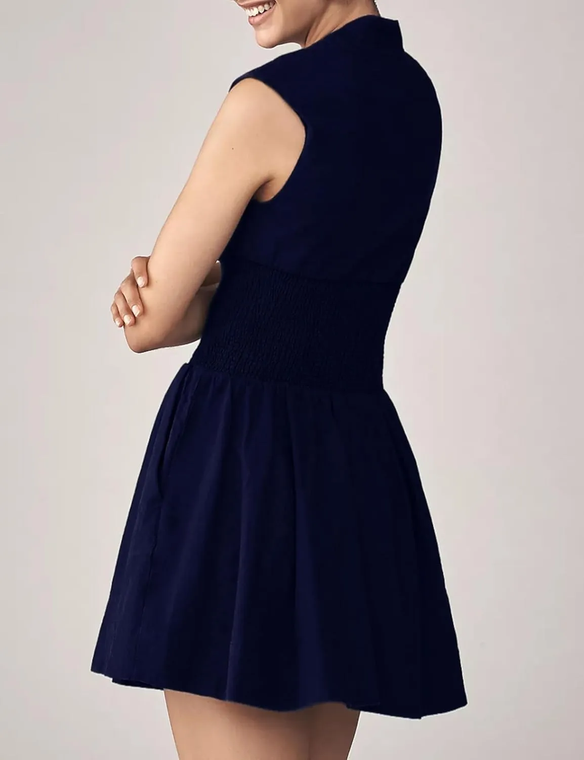 Womens V Neck Summer Dress Cap Sleeve Zipper Mini Dress Smocked Slit Dress with Pockets