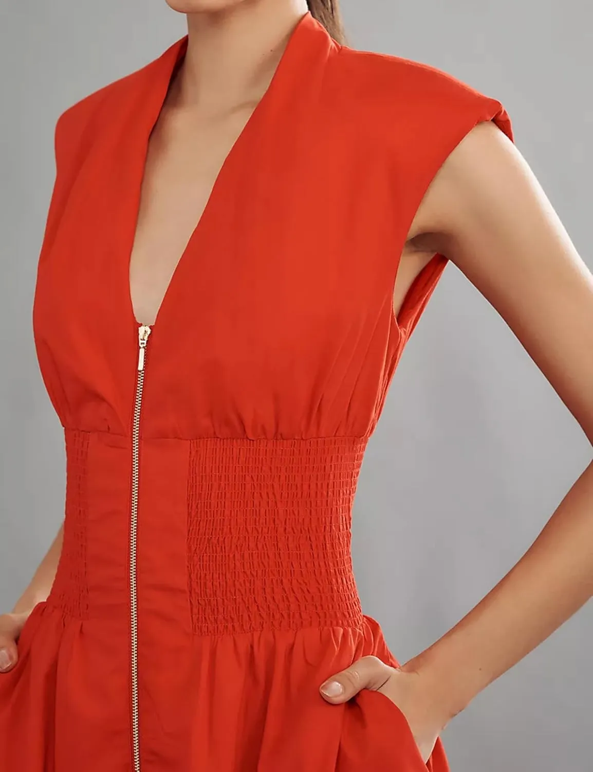 Womens V Neck Summer Dress Cap Sleeve Zipper Mini Dress Smocked Slit Dress with Pockets