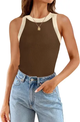ZESICA Womens Summer Sleeveless Tank Tops Ribbed High Neck Racerback Slim Fitted Color Block Casual Shirts