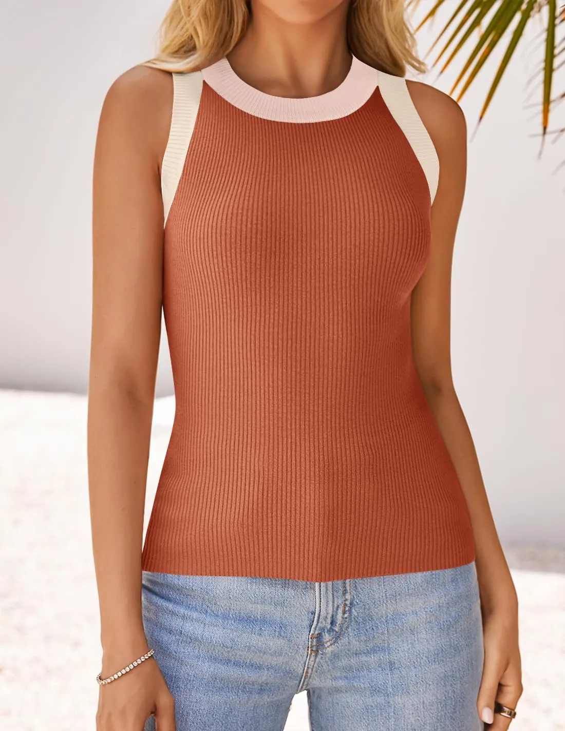 ZESICA Womens Summer Sleeveless Tank Tops Ribbed High Neck Racerback Slim Fitted Color Block Casual Shirts