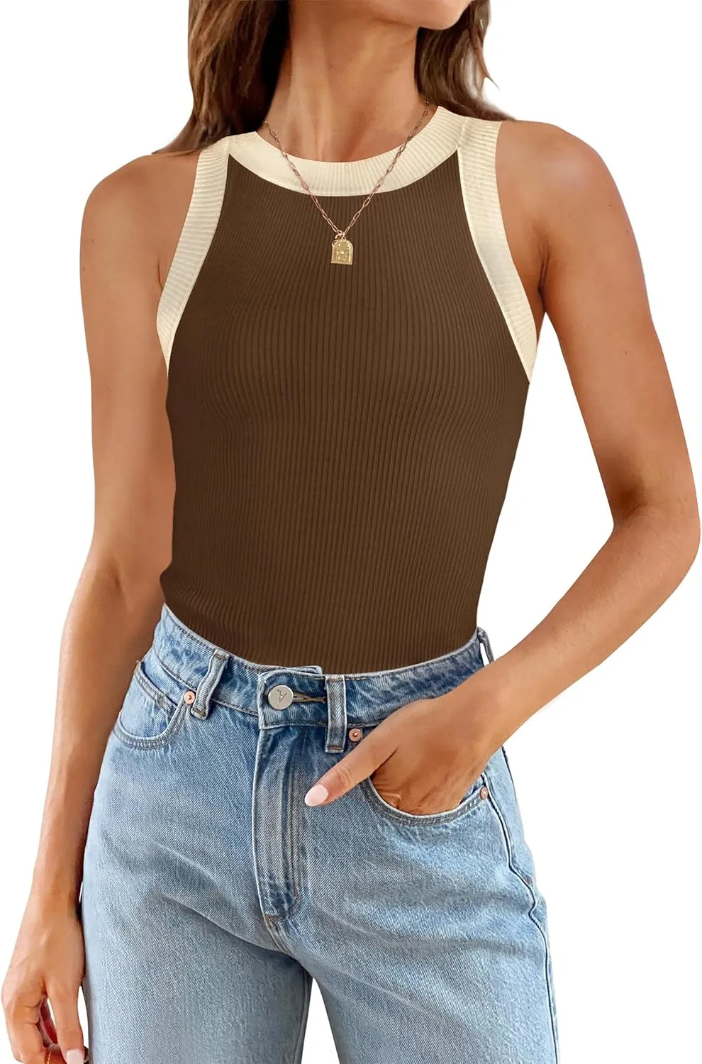 ZESICA Womens Summer Sleeveless Tank Tops Ribbed High Neck Racerback Slim Fitted Color Block Casual Shirts