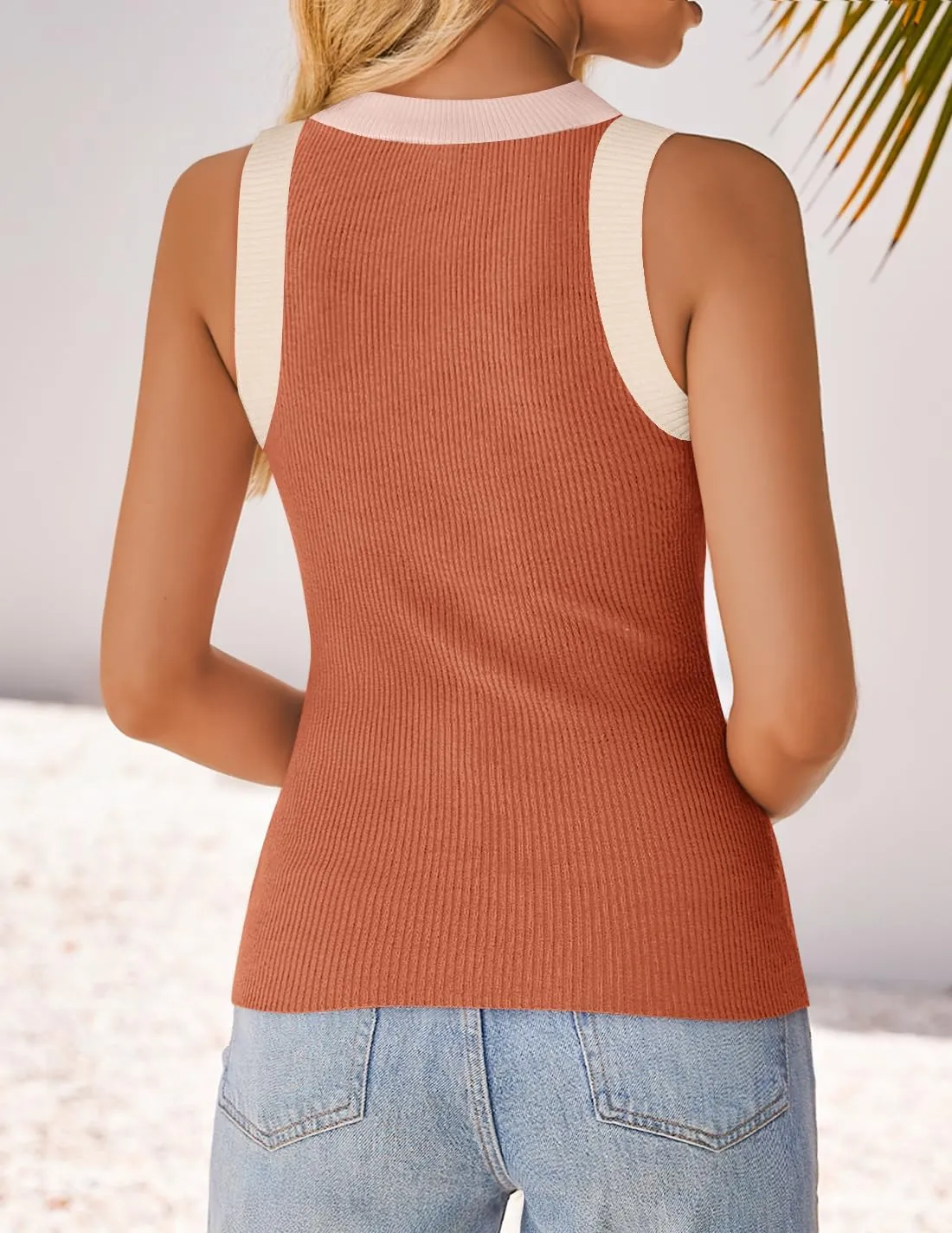 ZESICA Womens Summer Sleeveless Tank Tops Ribbed High Neck Racerback Slim Fitted Color Block Casual Shirts